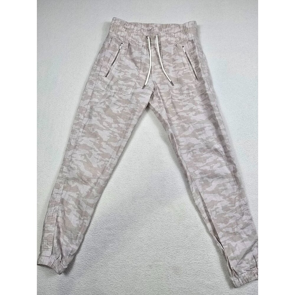 Athleta Cabo Tide 100% Linen Jogger Pants Size 0 Beige Camo Womens Relaxed Fit